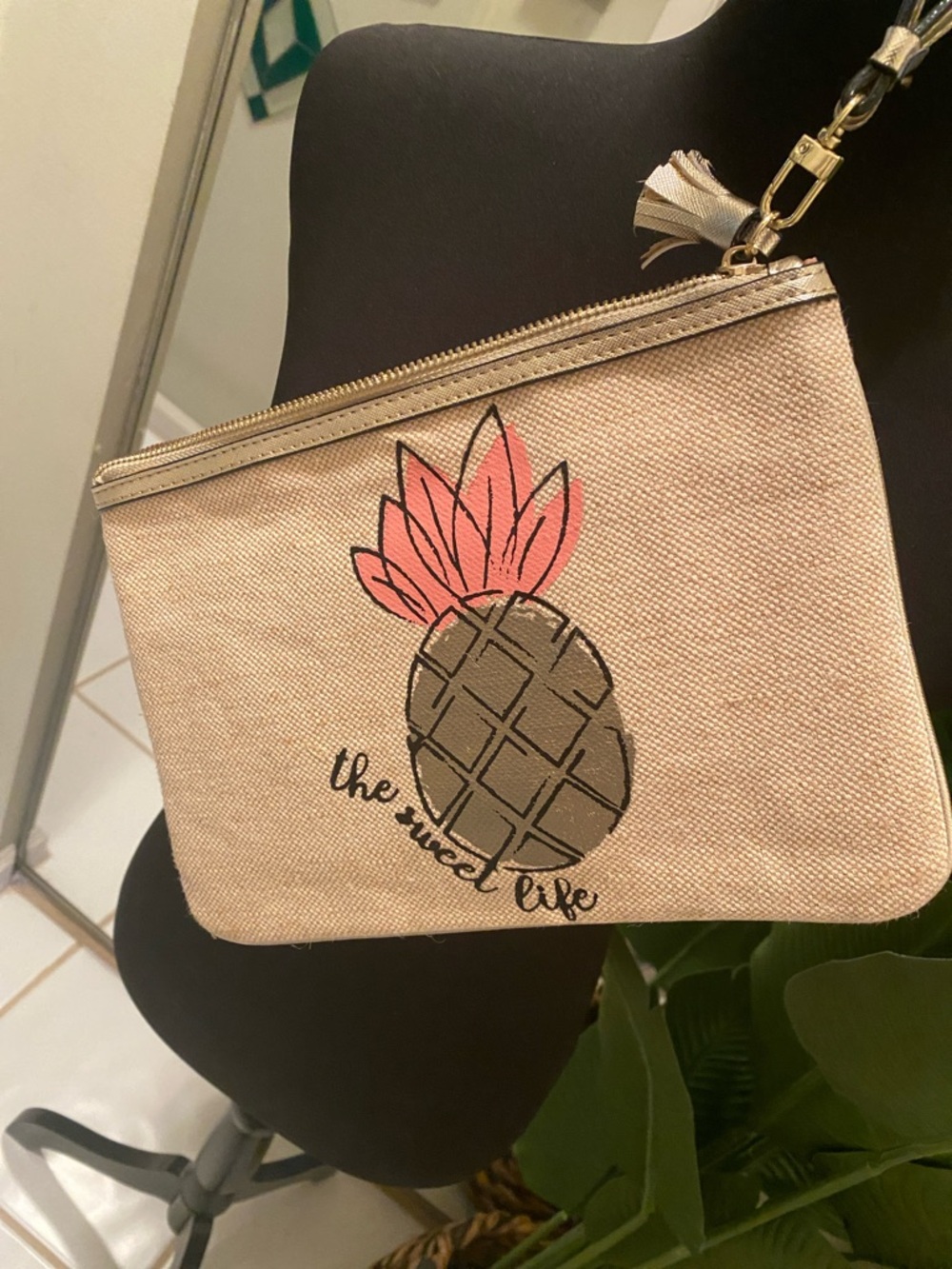 Kate Landry Beige Canvas Pineapple Wristlet with Pink Accents